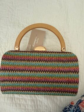 Multicolor Woven Clutch with Wooden Handles